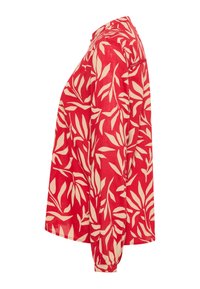 Chemise à manches longues rouge avec un motif de feuilles beige, en tissu léger, avec des poignets boutonnés, à coupe décontractée et design de col.