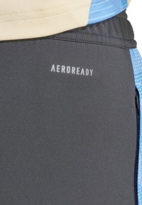 Pantaloni sportivi grigi con il logo "AEROREADY" in bianco. Accenti azzurri chiari e dettaglio della vita testurizzata, realizzati in tessuto traspirante.