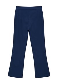 Marineblaue gerade geschnittene Hosen mit mittlerer Taille und Vorderfalten, präsentiert vor einem schlichten weißen Hintergrund.