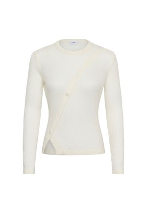 Pull en maille crème à manches longues avec fermeture diagonale à boutons et col rond, coupe ajustée, poignets et ourlet côtelés.