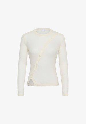 Cream-colored long-sleeve knit sweater with diagonal button closure and round neckline, slim fit, ribbed cuffs and hem.