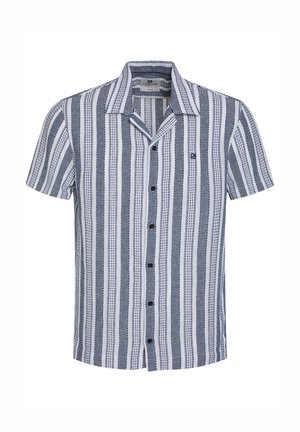 Kreklu ar īsām piedurknēm, ar zilu un baltu vertikālu svītru rakstu, vieglu audumu un klasisku apkakli. Priekšpusē ir melnas pogas.