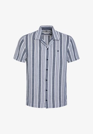 Lühikeste varrukatega nööbiga särk, millel on tumesinised ja valged vertikaalsed triibud, kerge kangas ja klassikaline krae. Esiosas on mustad nupud.