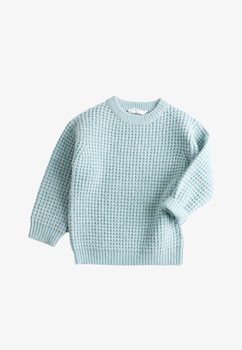 Jasnoniebieski sweter dzianinowy z fakturalnym wzorem, okrągłym dekoltem oraz ściągaczami na rękawach i przy zakończeniu. Miękki materiał i swobodny krój.