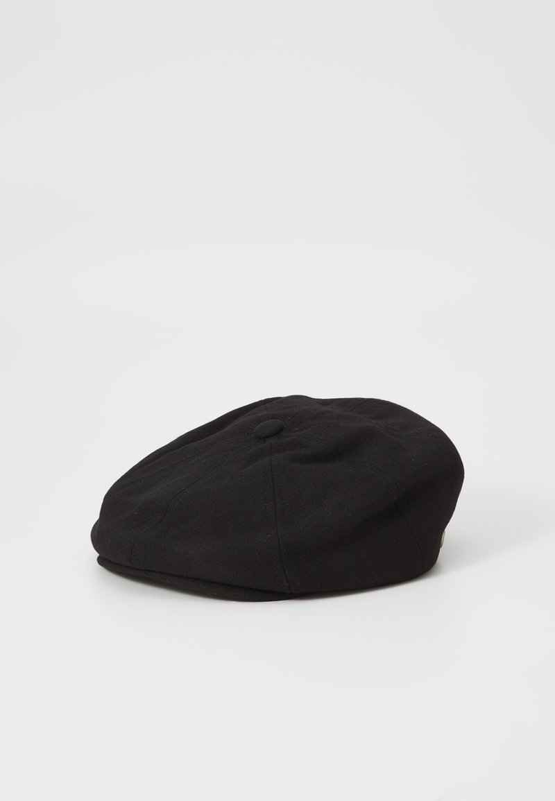 Black wool cap with a rounded shape, featuring a flat crown, button detail on top, and a slightly tapered brim. Smooth texture and minimal design.
