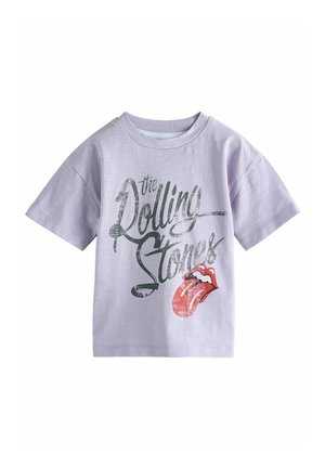 Hellblaue T-Shirt aus Baumwolle mit einem bedruckten Design, auf dem der Text "The Rolling Stones" und ein rotes Zungensymbol zu sehen sind. Mit kurzen Ärmeln.
