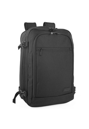 Mochila negra de forma rectangular, fabricada con un material duradero. Presenta múltiples compartimentos con cremallera y correas ajustables.