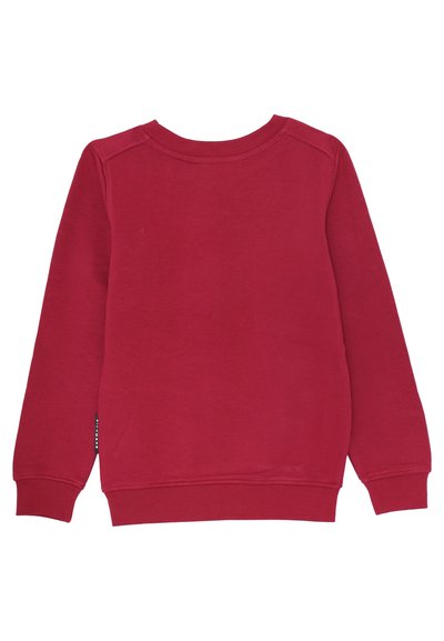 Felpa rossa con collo rotondo, maniche lunghe e polsini a coste. Realizzata in un tessuto morbido con una texture liscia. Senza motivi o dettagli.