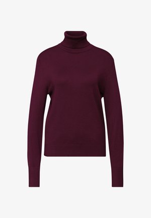 Bordeaux coltrui met lange mouwen, een getailleerd ontwerp en ribgebreide accenten bij de kraag en onderrand. Zachte, gebreide textuur.