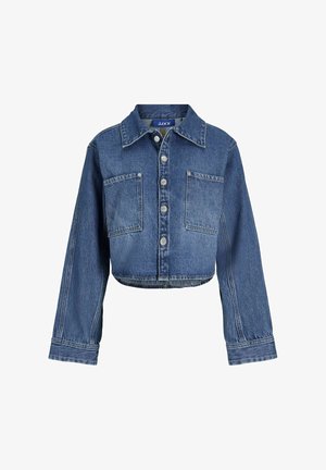 Cropped blue denim jacket with long sleeves, button front, two chest pockets, and a classic collar. Distressed texture.