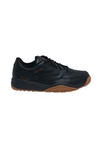 Scarpa sportiva nera con tomaia sintetica, caratterizzata da una superficie texture, intersuola ammortizzata e suola in gomma per una maggiore aderenza.