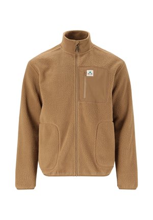 Brązowa polarowa kurtka z wysokim kołnierzem, pełnym zamkiem, dwoma kieszeniami po bokach i jedną kieszenią na piersi. Teksturowany materiał o miękkim, przytulnym wyglądzie.