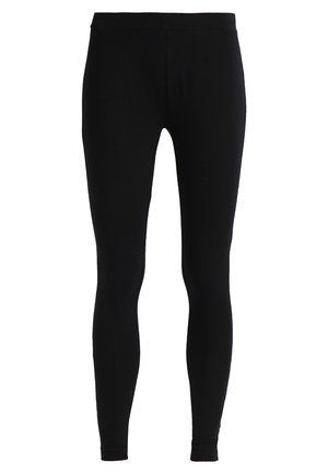 Sorte leggings lavet af strækbart materiale, med en tætsiddende design og en glat tekstur, med en taljeelastik øverst og uden mønstre.