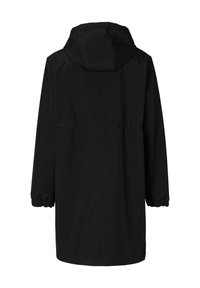 Svart, huva kappa med långa ärmar, elastiska manschetter och midjeåtdragning. Slät tyg med en minimalistisk design och ingen synlig hårdvara.