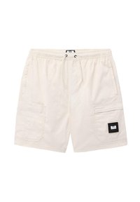 Helle beige Cargo-Shorts aus weichem Stoff, mit einem Zugbandbund, seitlichen Taschen und einem schwarzen Etikett an der linken Tasche.