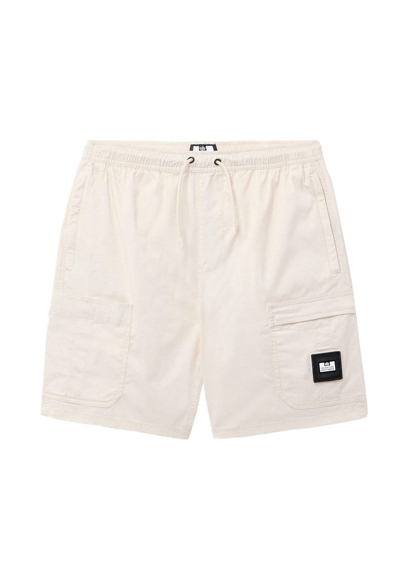 Helle beige Cargo-Shorts aus weichem Stoff, mit einem Zugbandbund, seitlichen Taschen und einem schwarzen Etikett an der linken Tasche.
