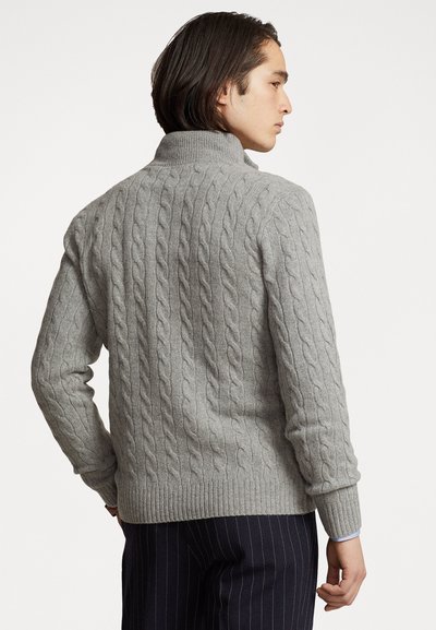 Gray cable-knit sweater with high collar, ribbed hem, and long sleeves, featuring textured pattern throughout. Simple and versatile design.