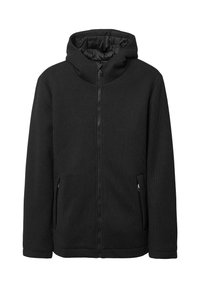 Giacca a zip nera con cappuccio, in tessuto testurizzato e due tasche anteriori con zip, dotata di una fodera imbottita all'interno del cappuccio.