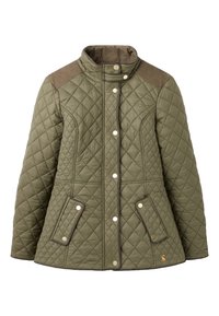 Gequilte olijfgroene jas met een hoge kraag, drukknoopsluitingen en textuur op de schouderstukken. Beschikt over zijzakken en contrasterende afwerking.