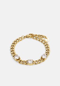 Gold chain bracelet featuring three clear stone accents, interlocking links, and a secured clasp with a small logo tag.