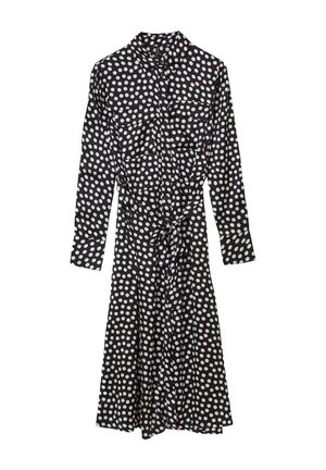 Schwarzes Kleid mit weißen Punkten, langen Ärmeln, Kragen, Knopfleiste, zwei Brusttaschen und einer Taillenschnürung.