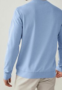 Felpa a maniche lunghe di colore azzurro chiaro realizzata in misto cotone, con scollatura a girocollo, polsini a costine e orlo dritto con dettagli di cucitura minimi.