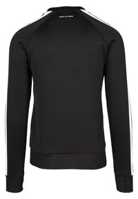 Sweat-shirt noir à manches longues avec des rayures blanches sur les côtés. Doté d'un col rond et de poignets côtelés. Logo imprimé à l'arrière. Texture de tissu douce.