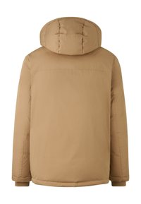 Beige gepolsterte Jacke mit angenhörter Kapuze, langen Ärmeln und gerippten Bündchen, von hinten auf einem weißen Hintergrund gezeigt.