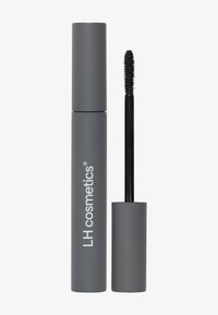 Tubo de máscara de pestañas cilíndrico gris con el texto "LH cosmetics" en blanco; un aplicador de cerdas negras sobresale del tubo.