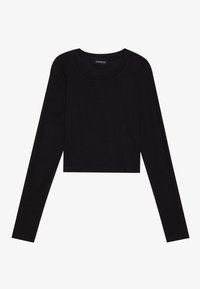 Fekete, hosszú ujjú crop top, puha pamutból készült, kerek nyakkal és egyszerű, mintázat nélküli dizájnnal.