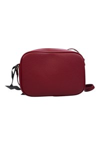 Borsa a tracolla in pelle rossa con texture, forma rettangolare, chiusura con zip e tracolla rimovibile. Accenti in hardware dorato.
