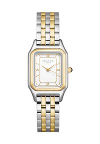 Orologio in metallo argento e dorato con quadrante rettangolare, quadrante bianco, numeri romani e bracciale a maglie bicolore. Nome del marchio "ROSEFIELD" in evidenza.