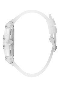 Orologio in silicone trasparente con quadrante rettangolare, hardware argentato e cinturino bianco liscio. Presenta un design minimalista e una cassa trasparente.