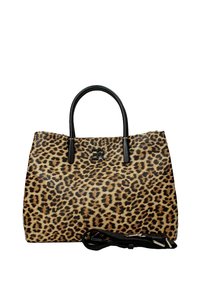 Borsa tote con stampa leopardata, manici e hardware neri. Presenta un design elegante e una tracolla regolabile. Realizzata in materiale sintetico.