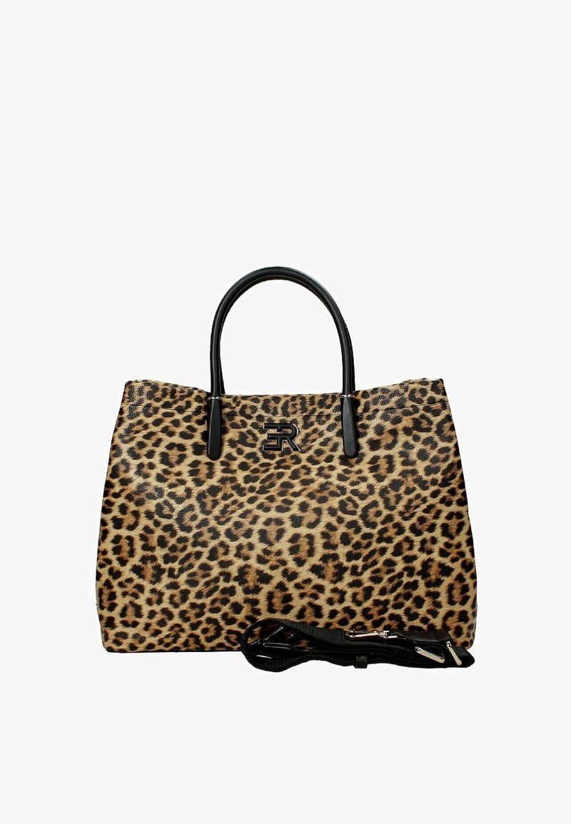 Sac fourre-tout en imprimé léopard avec des poignées et des accessoires noirs. Présente un design élégant et une bandoulière ajustable. Fabriqué en matériau synthétique.