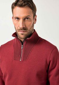 Suéter rojo con cuello acanalado y cierre de media cremallera. Presenta una textura suave y un diseño ajustado, que enfatiza el estilo moderno y la comodidad.