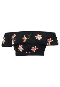 Off-shoulder svart croptop med rynkad elastisk midja, med färgglad blommönsterbroderi i rosa, gult och grönt på framsidan.