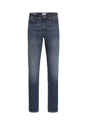 Jean en denim bleu foncé à jambes droites avec poches avant, passants de ceinture et fermeture par bouton sur fond blanc.