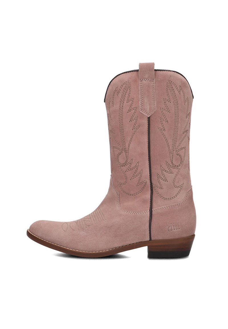 Pink suede cowboy boot with pointed toe, decorative stitching, pull tab, and a low heel. Features a smooth finish and curved design elements.