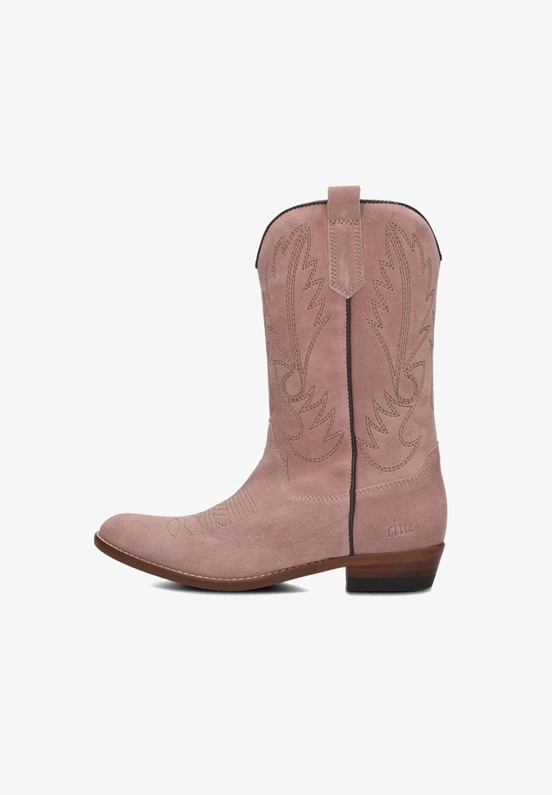 Pink suede cowboy boot with pointed toe, decorative stitching, pull tab, and a low heel. Features a smooth finish and curved design elements.