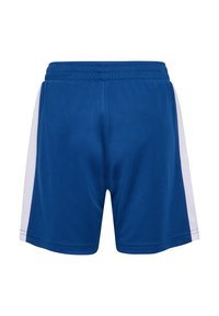 Shorts de sport bleus avec des bandes blanches sur les côtés et une ceinture élastique, vus de dos sur un fond blanc.
