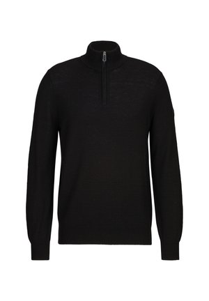 Schwarzer Pullover mit hohem Kragen und halbseitigem Reißverschluss. Aus weichem Material gefertigt, mit langen Ärmeln sowie gerippten Bündchen und Saum.