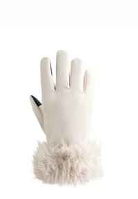 Vita, konstläderhandske med ett mjukt, ljust tanfärgat konstpälsärmar. Femfingerdesign med svarta accentfärger på fingertopparna för användning på pekskärm.