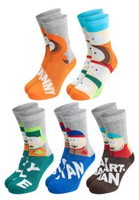 Set di sei calzini colorati con personaggi dei cartoni animati. Materiali: miscela di cotone. Accenti grigi, arancioni, verdi e blu; vari motivi e testi.