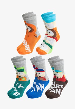 Set di sei calzini colorati con personaggi dei cartoni animati. Materiali: miscela di cotone. Accenti grigi, arancioni, verdi e blu; vari motivi e testi.