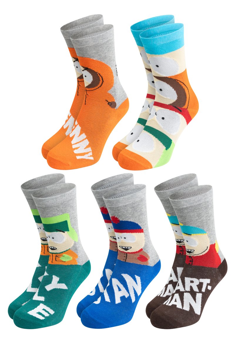 Set di sei calzini colorati con personaggi dei cartoni animati. Materiali: miscela di cotone. Accenti grigi, arancioni, verdi e blu; vari motivi e testi.