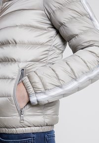 Hellgraue Steppjacke mit gestepptem Muster, Reißverschlusstaschen und silbernen horizontalen Streifen an den Ärmeln. Elastische Bündchen und Saum.