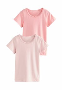To korte ærmeløse t-shirts i lyserøde nuancer, med runde halsudskæringer og dekorative sløjfer samt blødt bomuldsstof.