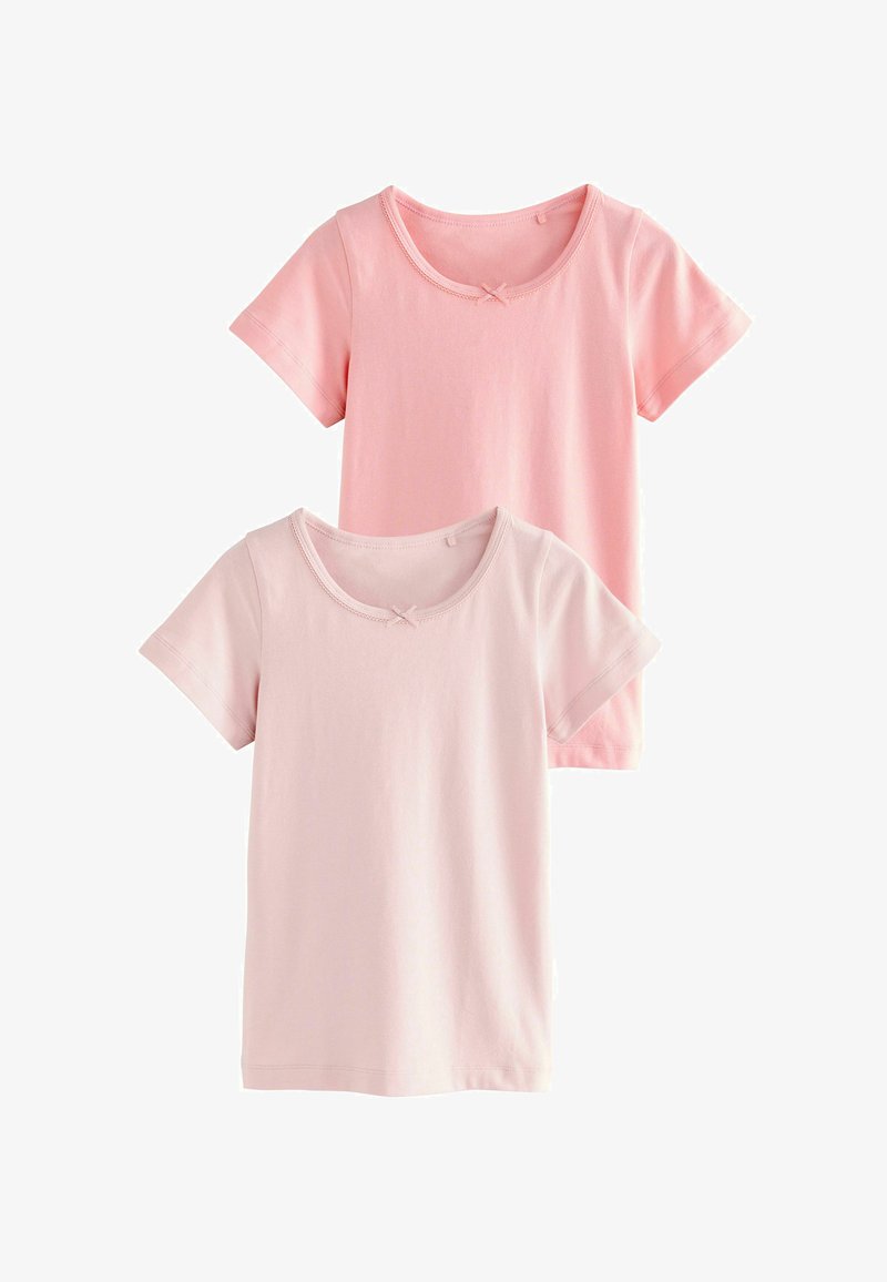 Deux t-shirts à manches courtes pour filles, un rose clair et un rose pastel, chacun avec un col rond et un petit détail nœud.