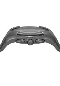 Reloj inteligente gris con bordes redondeados, dos botones de presión en el lateral, una corona texturizada y una esfera transparente.